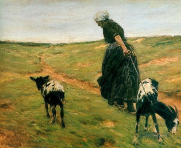 マックス・リーバーマン Painting - ヤギを持つ女性 マックス・リーバーマン ドイツ印象派
